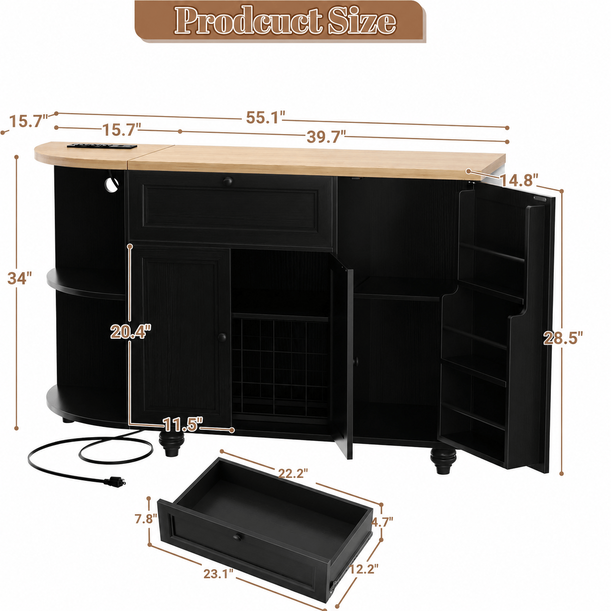55" Coffee Bar Cabinet with Power Outlet and Wine Rack