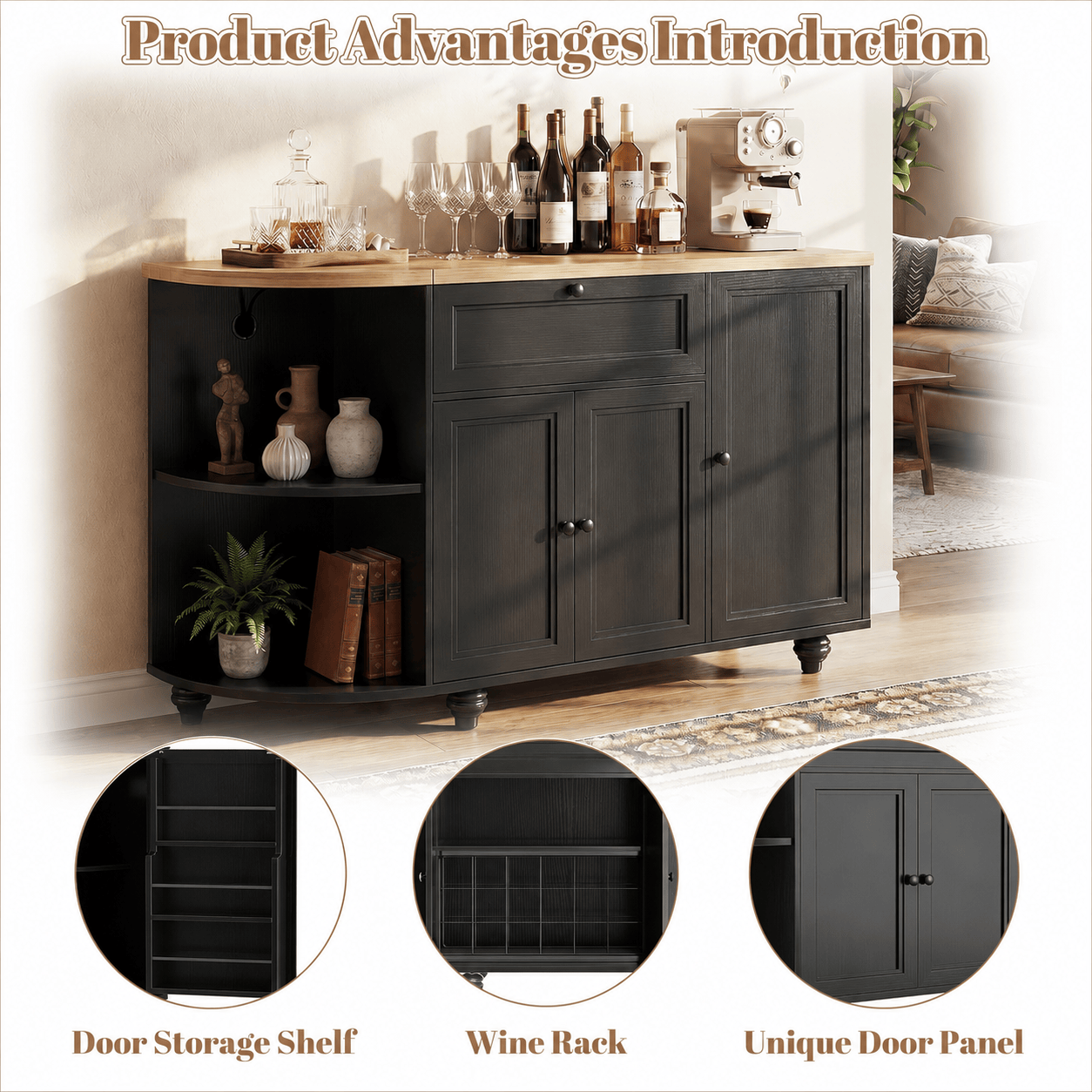 55" Coffee Bar Cabinet with Power Outlet and Wine Rack
