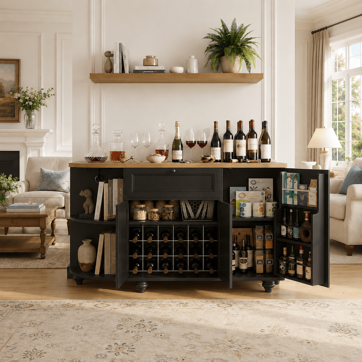 55" Coffee Bar Cabinet with Power Outlet and Wine Rack