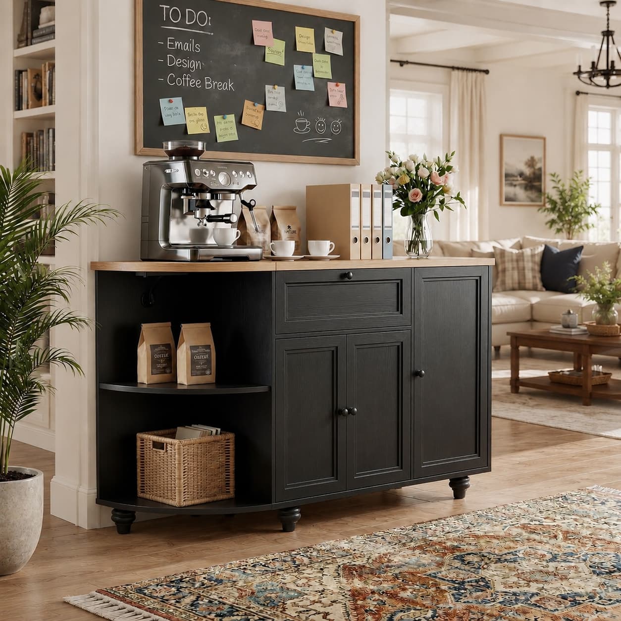 55" Coffee Bar Cabinet with Power Outlet and Wine Rack