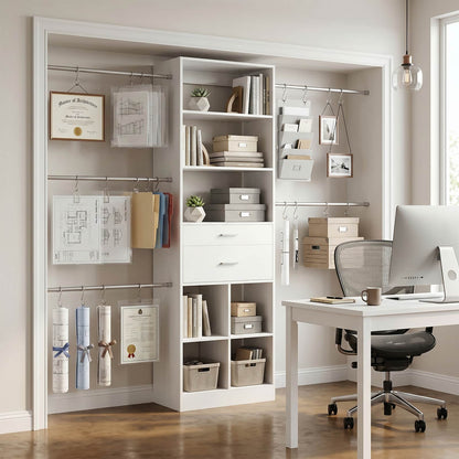 Tall Bookshelf with Drawers and Adjustable Hanging Rods, Modern Bookcase with 4-Tier Storage Shelves, Versatile Book Shelf, Model: DKQ-817.2