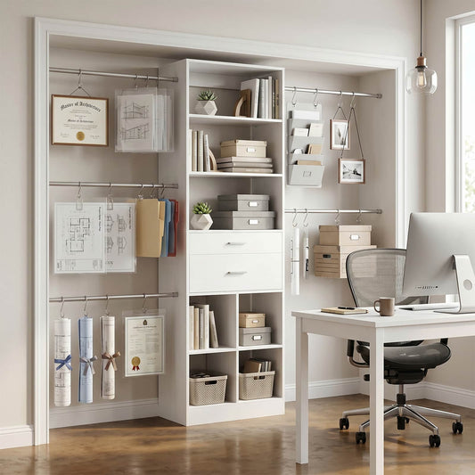 Tall Bookshelf with Drawers and Adjustable Hanging Rods, Modern Bookcase with 4-Tier Storage Shelves, Versatile Book Shelf, Model: DKQ-817.2