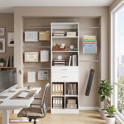 Tall Bookshelf with Drawers and Adjustable Hanging Rods, Modern Bookcase with 4-Tier Storage Shelves, Versatile Book Shelf, Model: DKQ-817.2