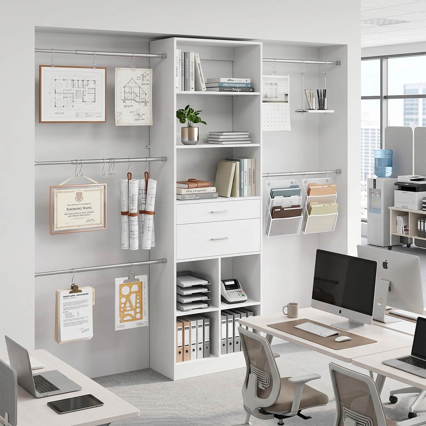 Tall Bookshelf with Drawers and Adjustable Hanging Rods, Modern Bookcase with 4-Tier Storage Shelves, Versatile Book Shelf, Model: DKQ-817.2