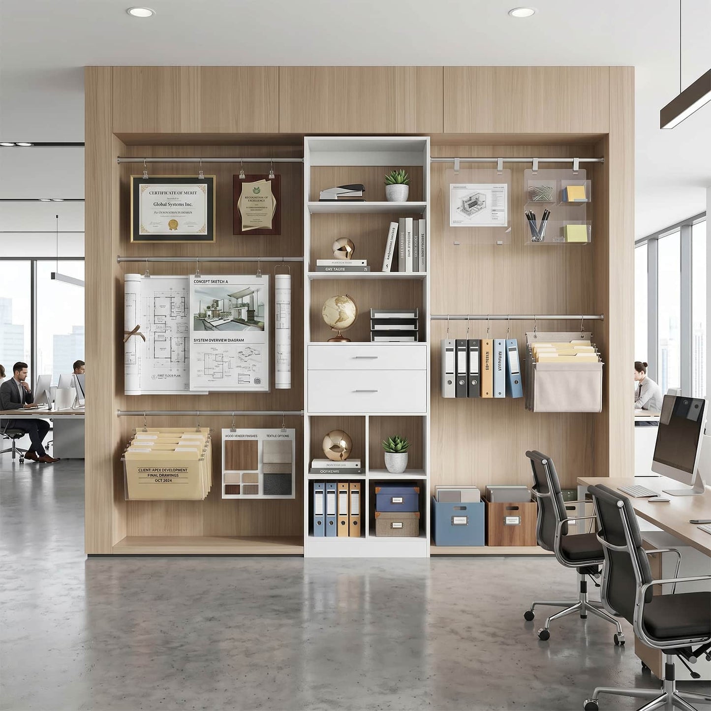 Tall Bookshelf with Drawers and Adjustable Hanging Rods, Modern Bookcase with 4-Tier Storage Shelves, Versatile Book Shelf, Model: DKQ-817.2