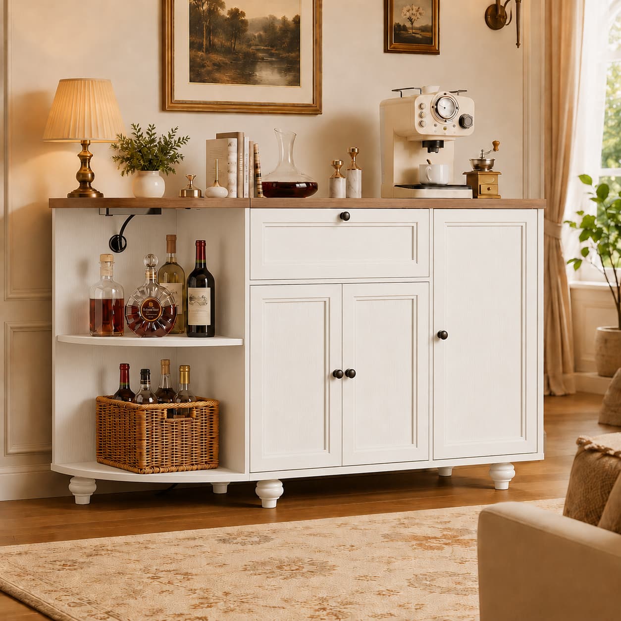 55" Coffee Bar Cabinet with Power Outlet and Wine Rack