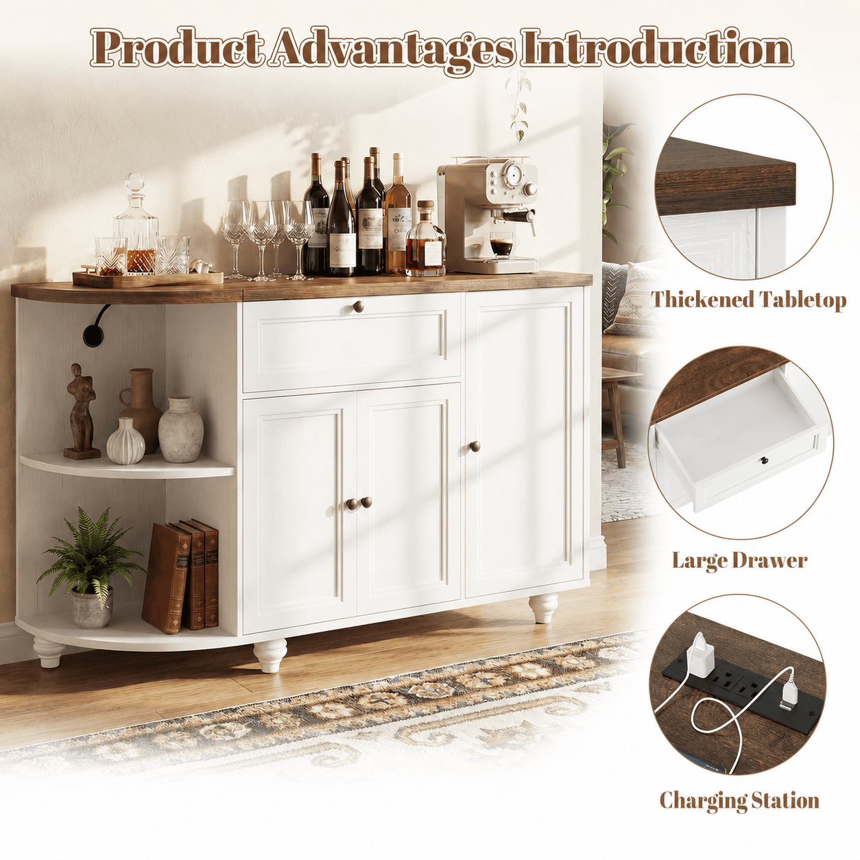 55" Coffee Bar Cabinet with Power Outlet and Wine Rack