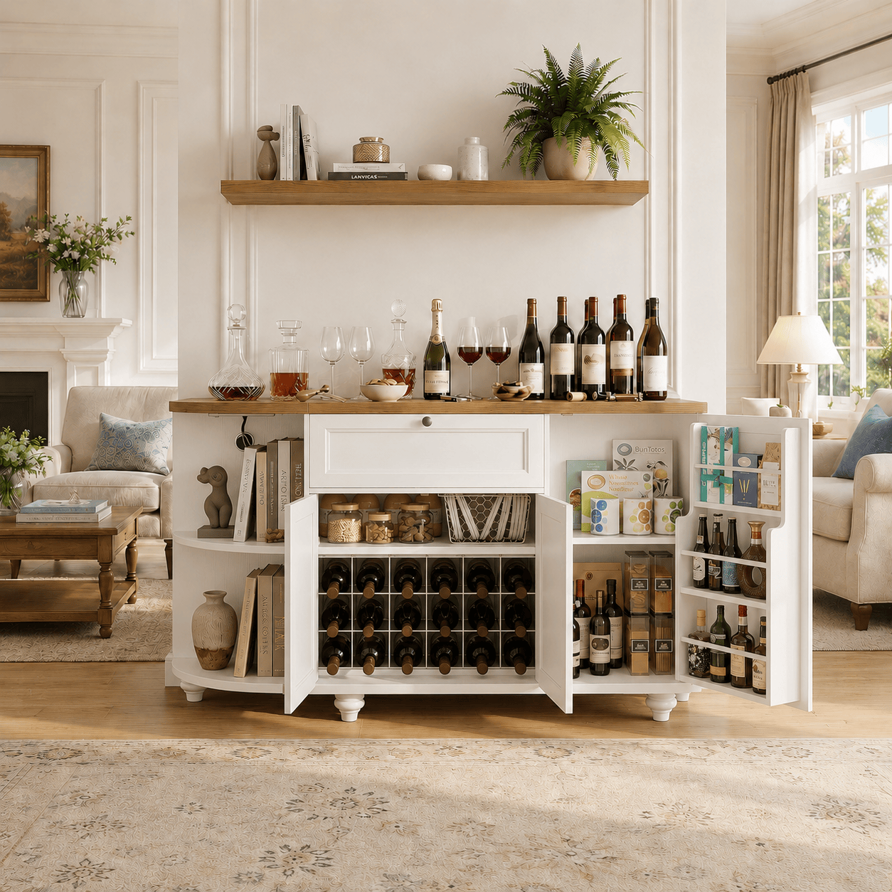 55" Coffee Bar Cabinet with Power Outlet and Wine Rack
