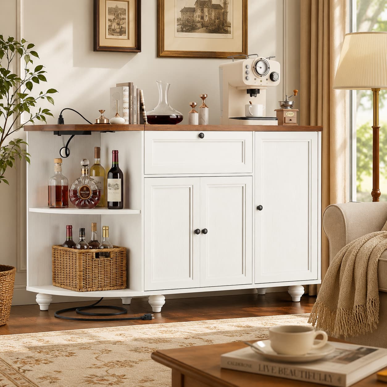55" Coffee Bar Cabinet with Power Outlet and Wine Rack