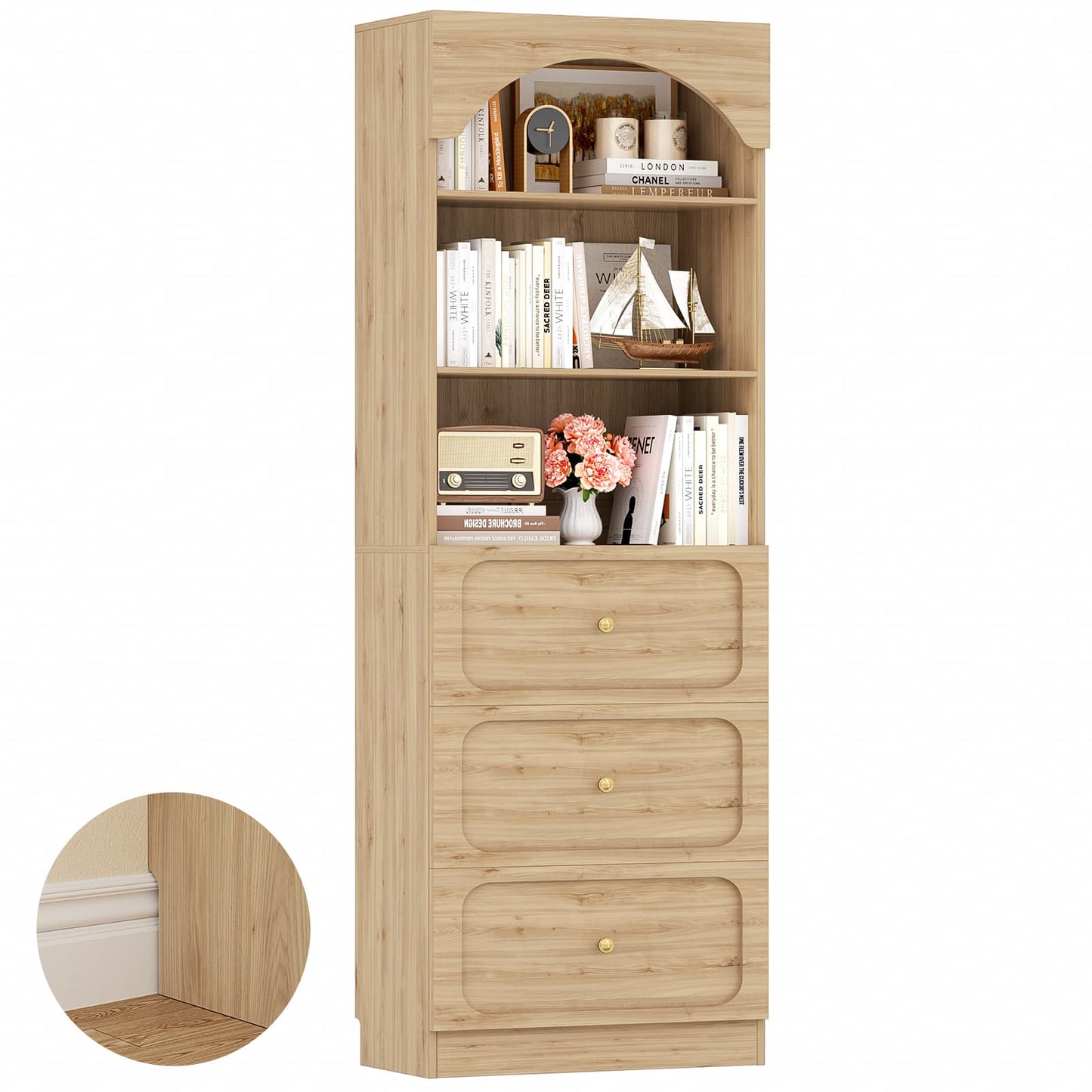 80" Tall Bookshelf with 3 Drawers and 3-Tier Open Shelves