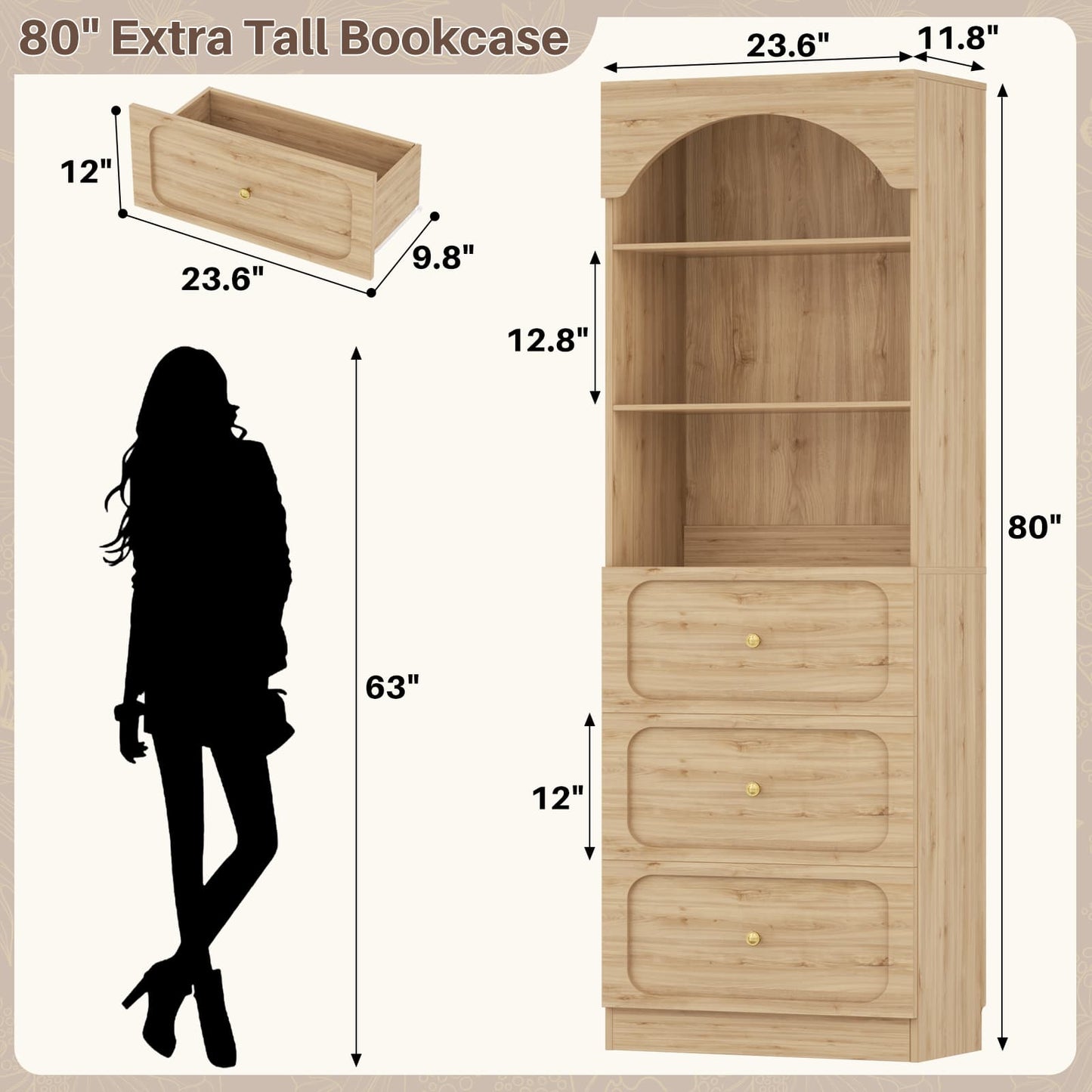 80" Tall Bookshelf with 3 Drawers and 3-Tier Open Shelves