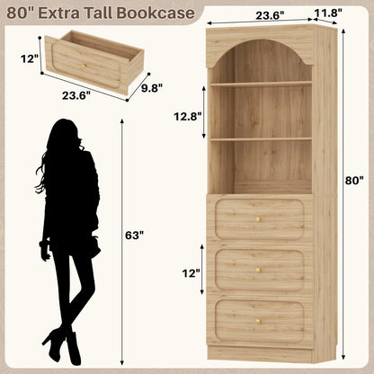 80" Tall Bookshelf with 3 Drawers and 3-Tier Open Shelves