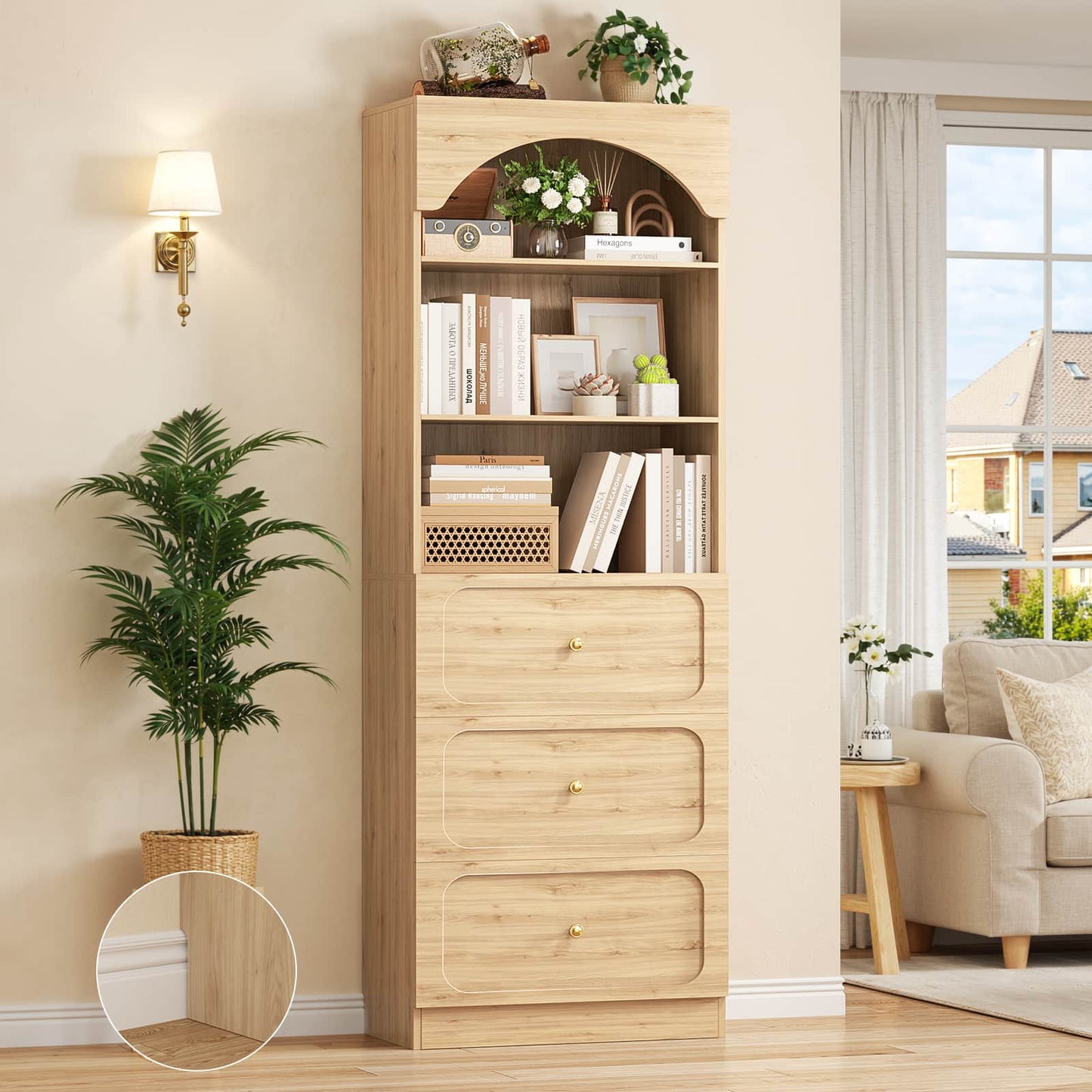 80" Tall Bookshelf with 3 Drawers and 3-Tier Open Shelves