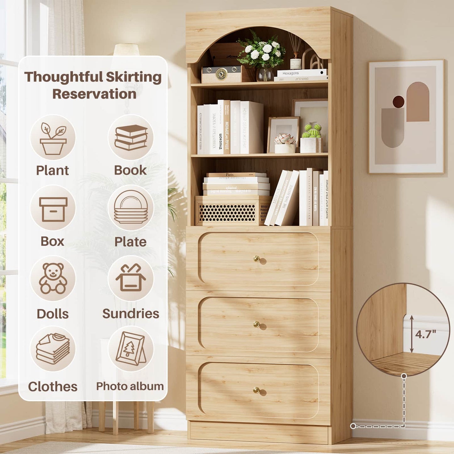 80" Tall Bookshelf with 3 Drawers and 3-Tier Open Shelves