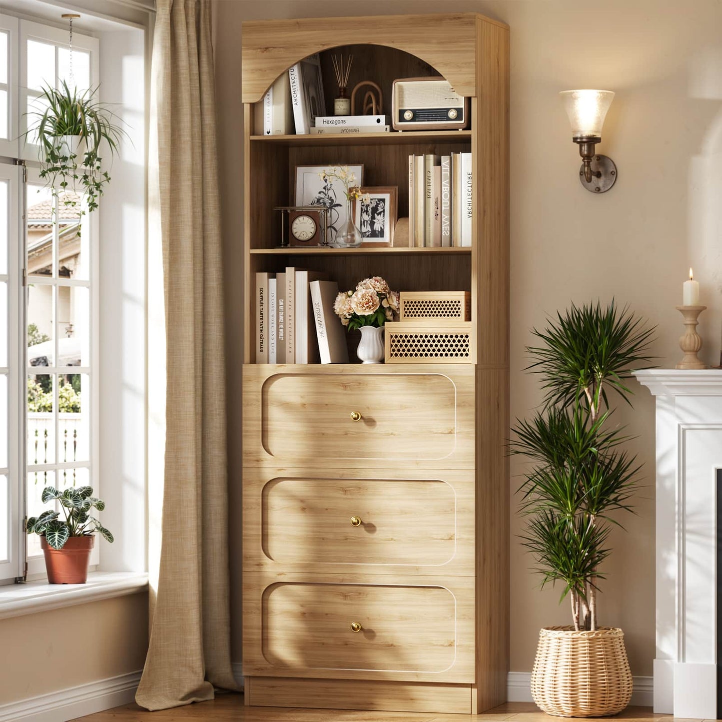 80" Tall Bookshelf with 3 Drawers and 3-Tier Open Shelves