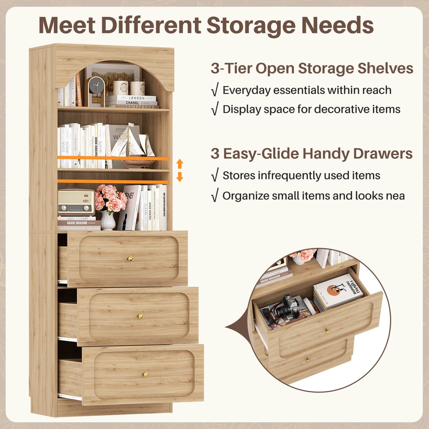 80" Tall Bookshelf with 3 Drawers and 3-Tier Open Shelves