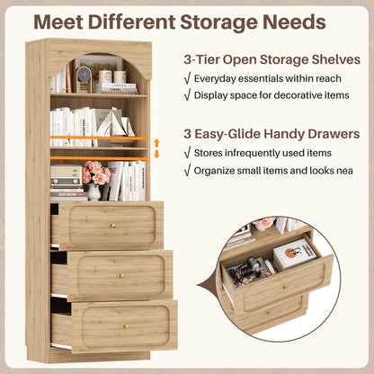 80" Tall Bookshelf with 3 Drawers and 3-Tier Open Shelves