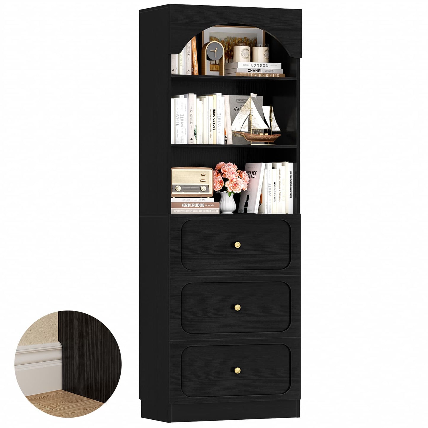 80" Tall Bookshelf with 3 Drawers and 3-Tier Open Shelves