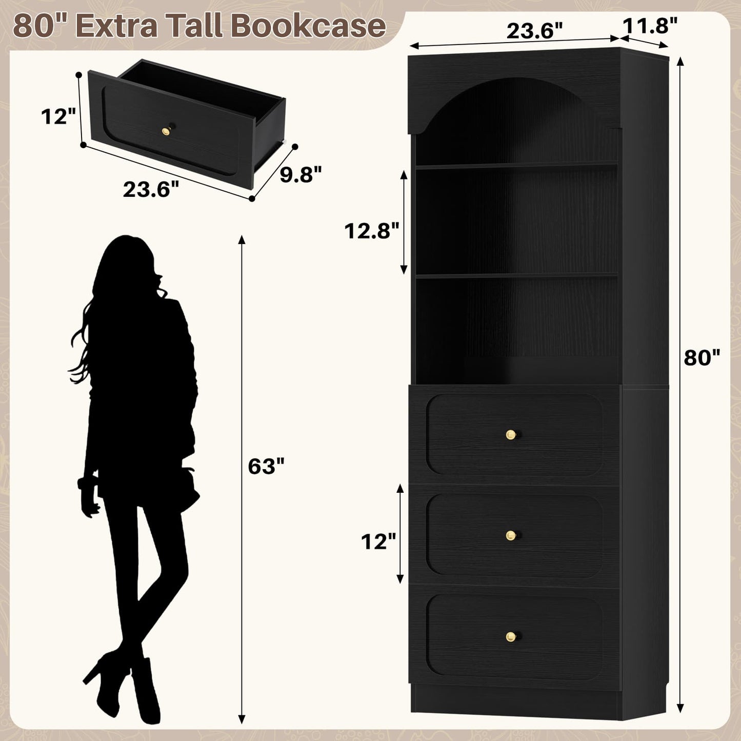 80" Tall Bookshelf with 3 Drawers and 3-Tier Open Shelves