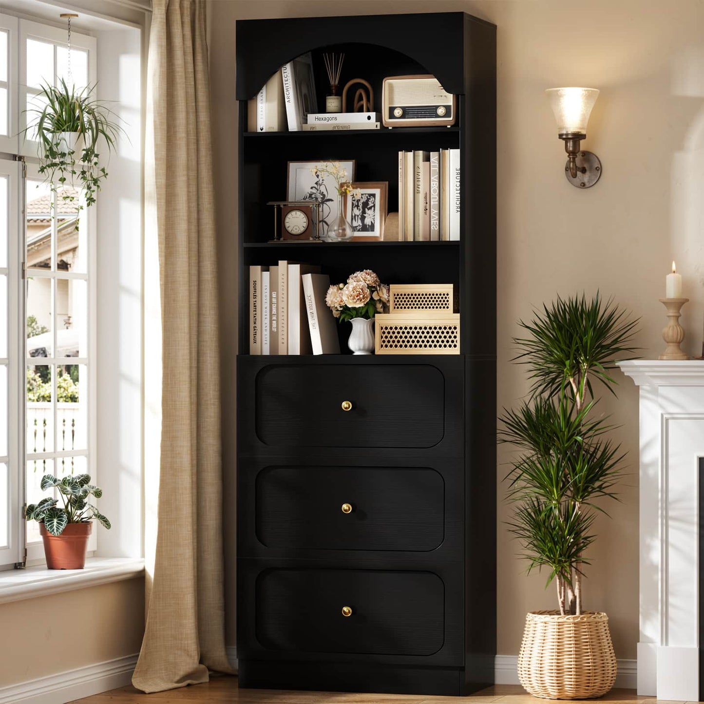 80" Tall Bookshelf with 3 Drawers and 3-Tier Open Shelves