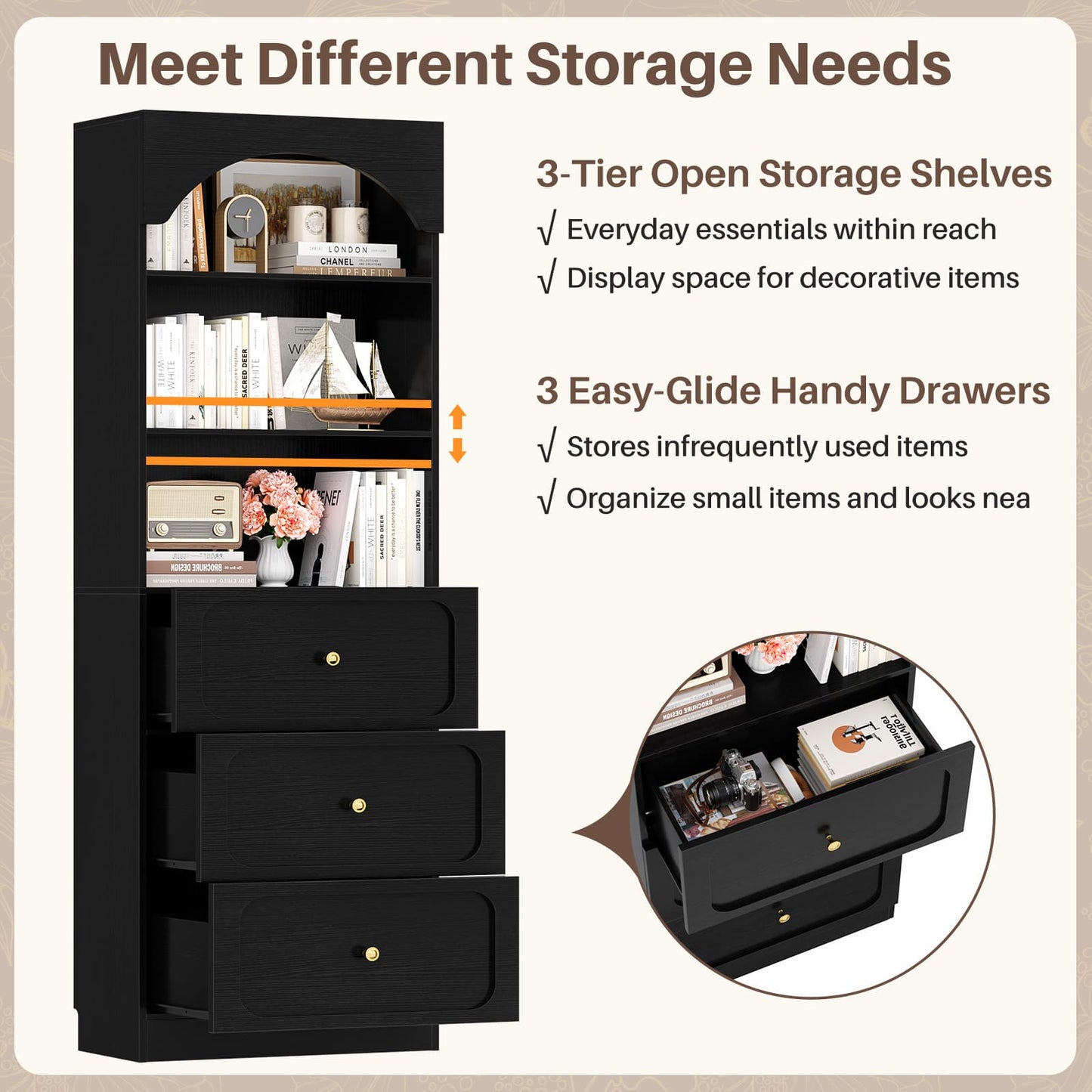 80" Tall Bookshelf with 3 Drawers and 3-Tier Open Shelves