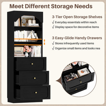 80" Tall Bookshelf with 3 Drawers and 3-Tier Open Shelves
