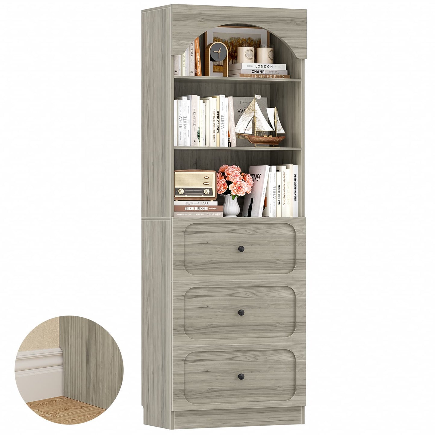 80" Tall Bookshelf with 3 Drawers and 3-Tier Open Shelves