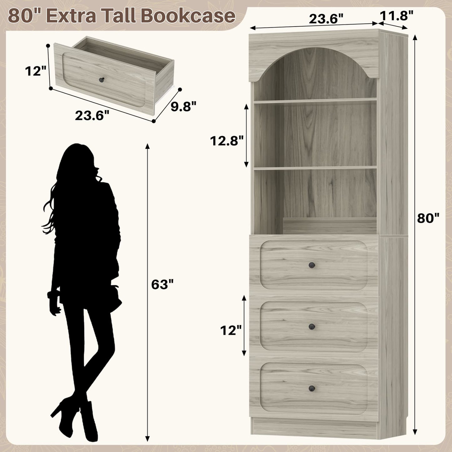 80" Tall Bookshelf with 3 Drawers and 3-Tier Open Shelves