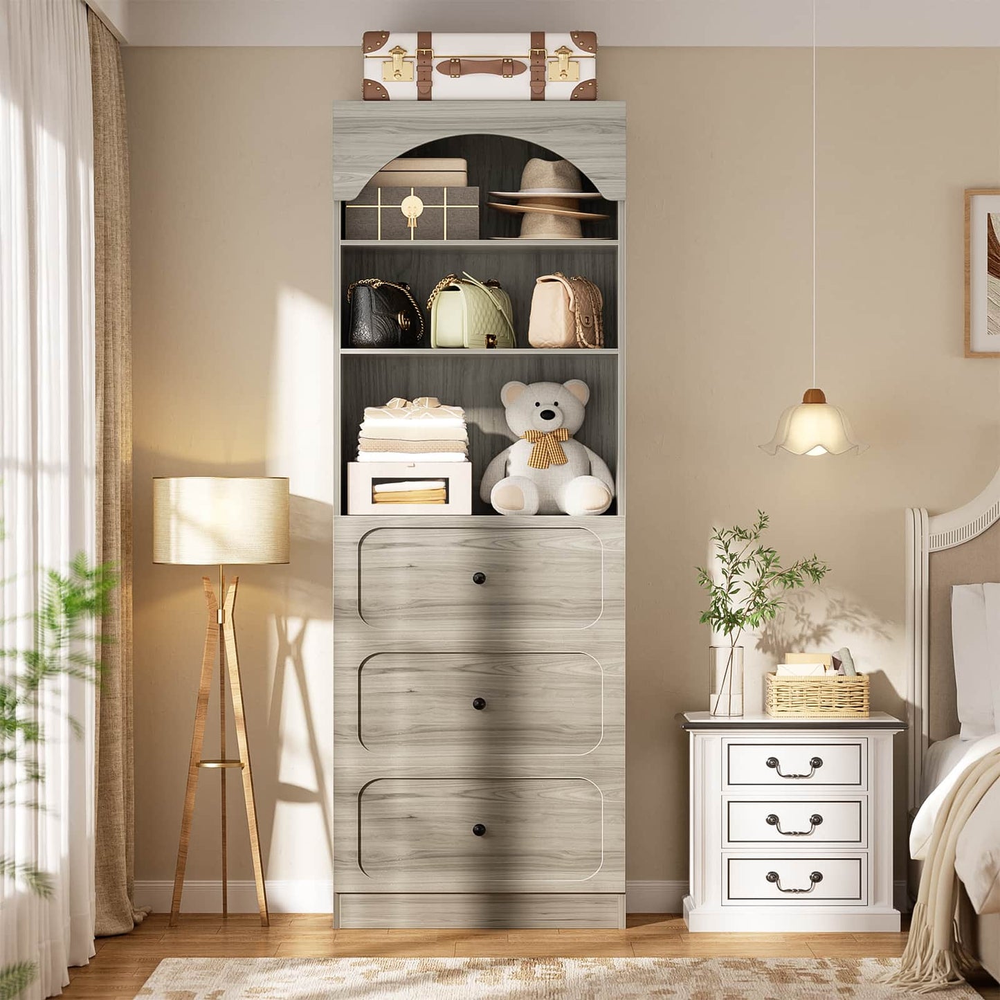80" Tall Bookshelf with 3 Drawers and 3-Tier Open Shelves