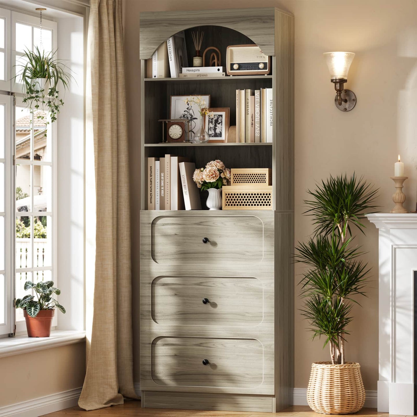 80" Tall Bookshelf with 3 Drawers and 3-Tier Open Shelves