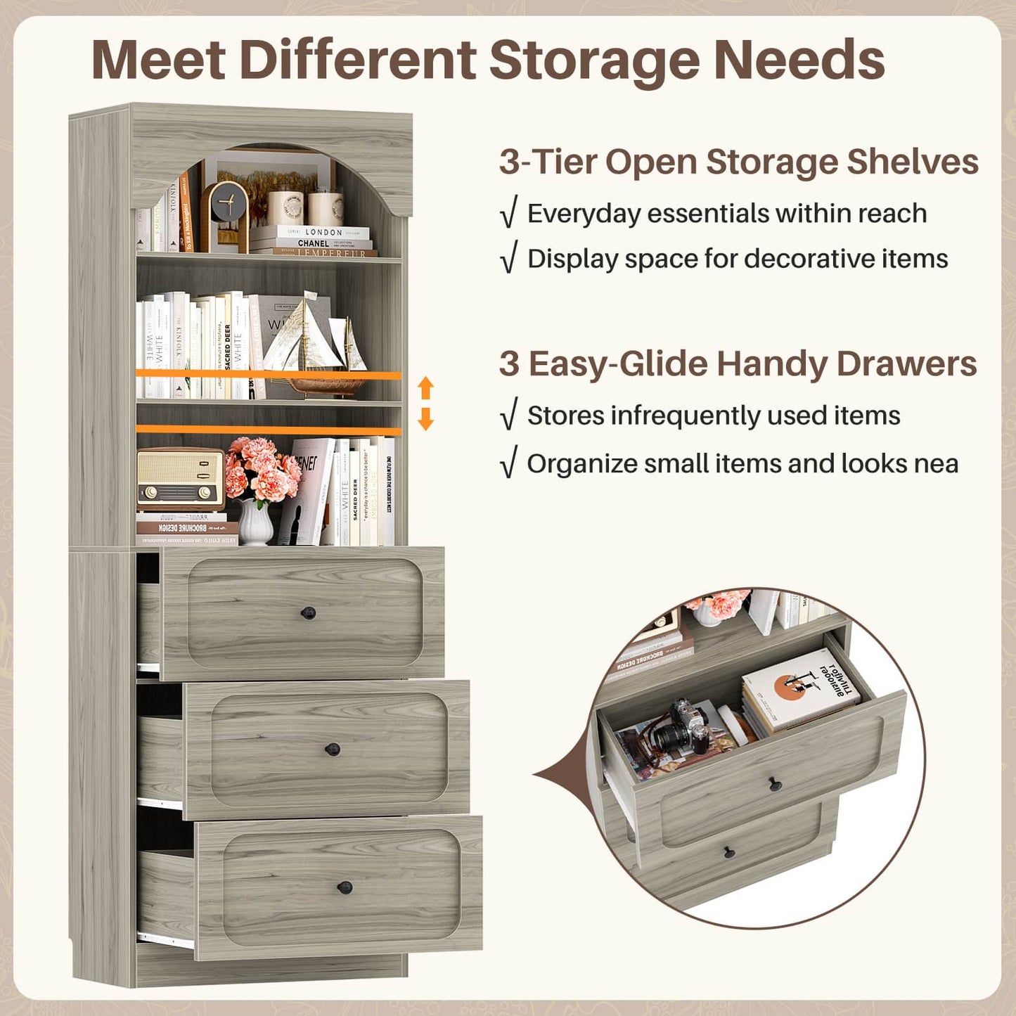 80" Tall Bookshelf with 3 Drawers and 3-Tier Open Shelves