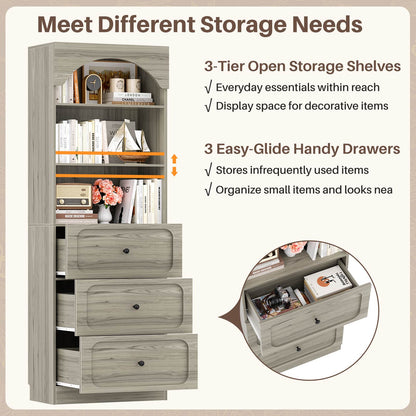 80" Tall Bookshelf with 3 Drawers and 3-Tier Open Shelves