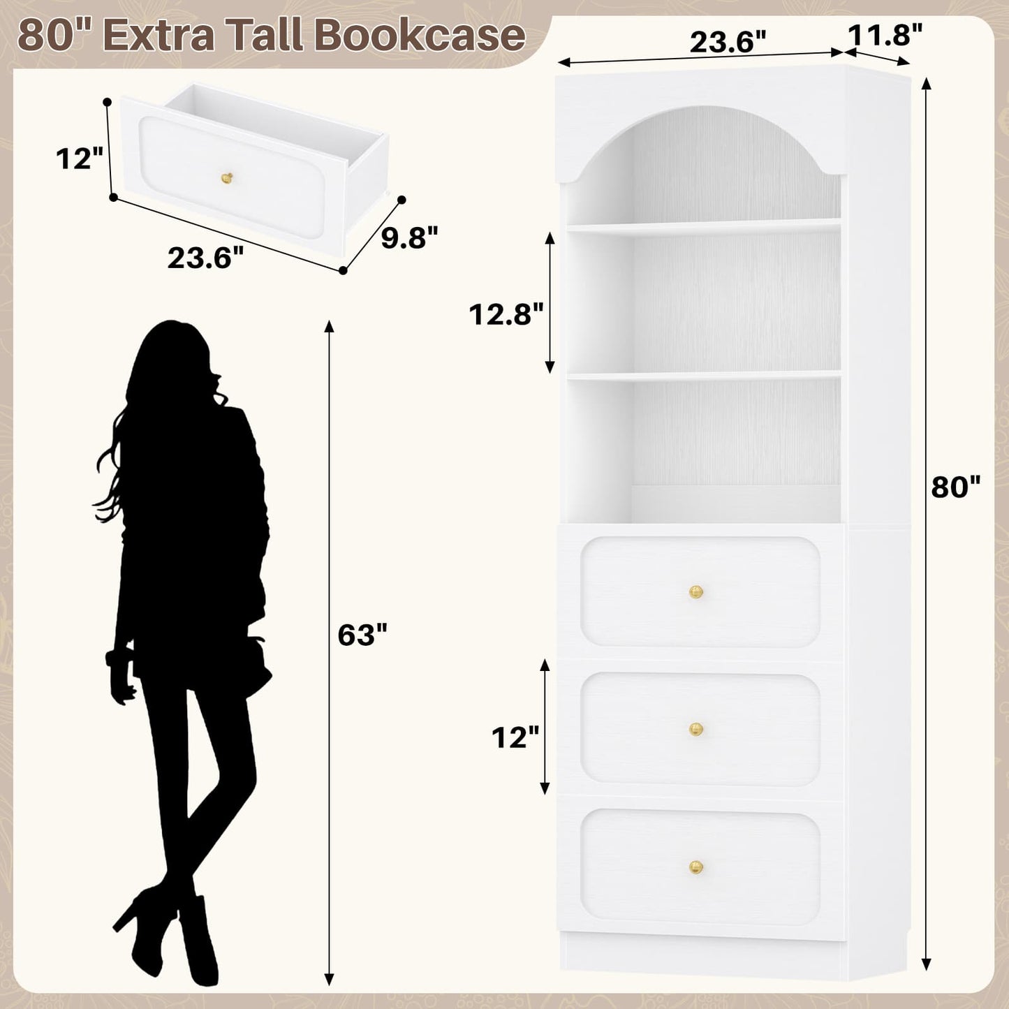 80" Tall Bookshelf with 3 Drawers and 3-Tier Open Shelves