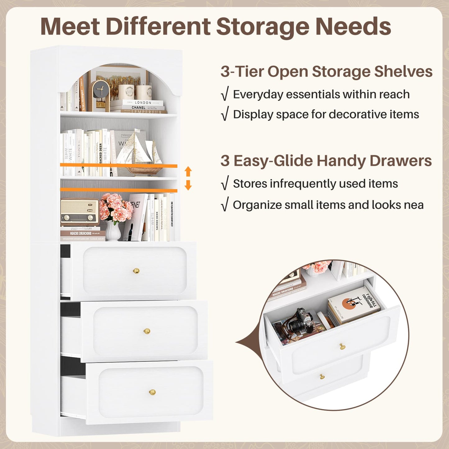 80" Tall Bookshelf with 3 Drawers and 3-Tier Open Shelves