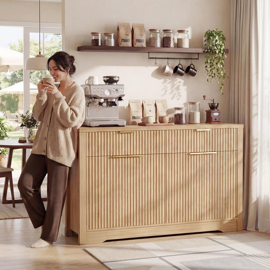 55" Fluted Buffet Cabinet, Modern Sideboard Credenza with Drawers, Adjustable Shelves & Coffee Bar Storage for Kitchen