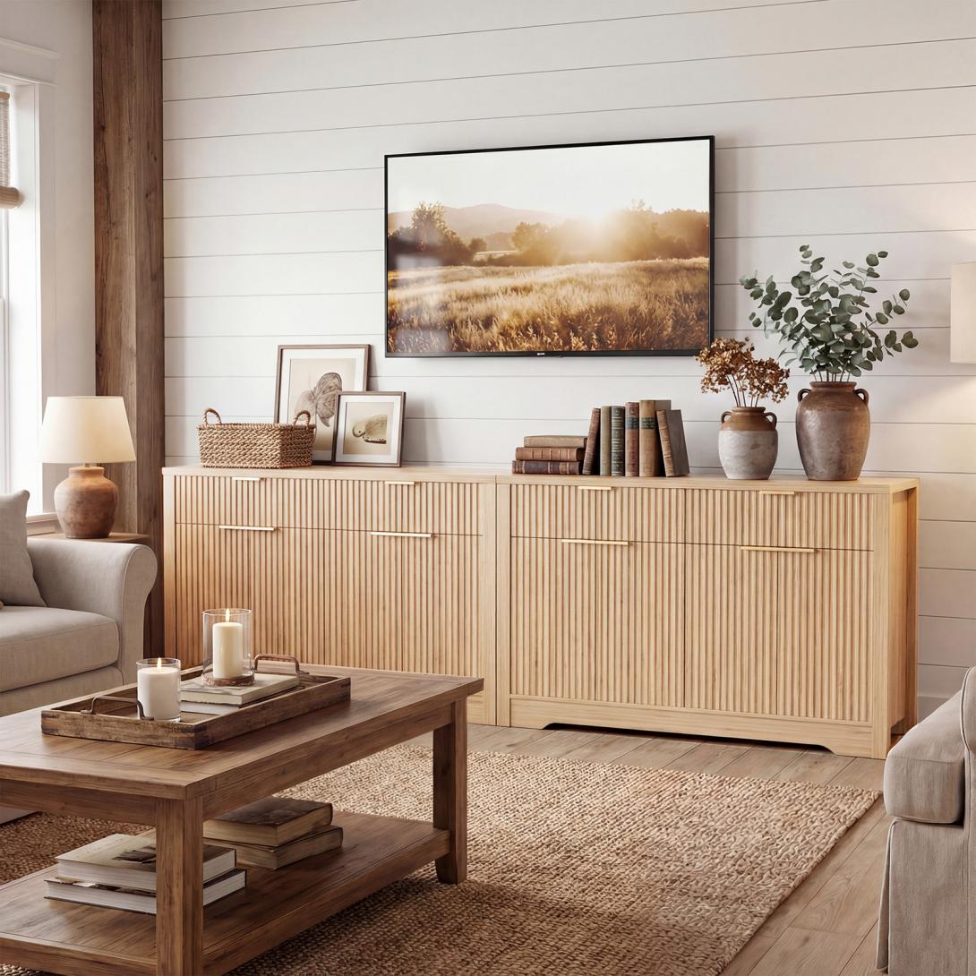 55" Fluted Buffet Cabinet, Modern Sideboard Credenza with Drawers, Adjustable Shelves & Coffee Bar Storage for Kitchen