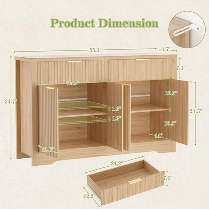 55" Fluted Buffet Cabinet, Modern Sideboard Credenza with Drawers, Adjustable Shelves & Coffee Bar Storage for Kitchen