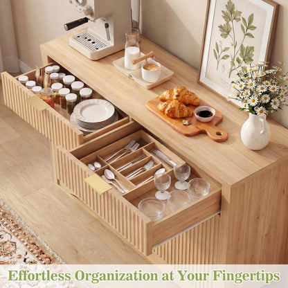 55" Fluted Buffet Cabinet, Modern Sideboard Credenza with Drawers, Adjustable Shelves & Coffee Bar Storage for Kitchen