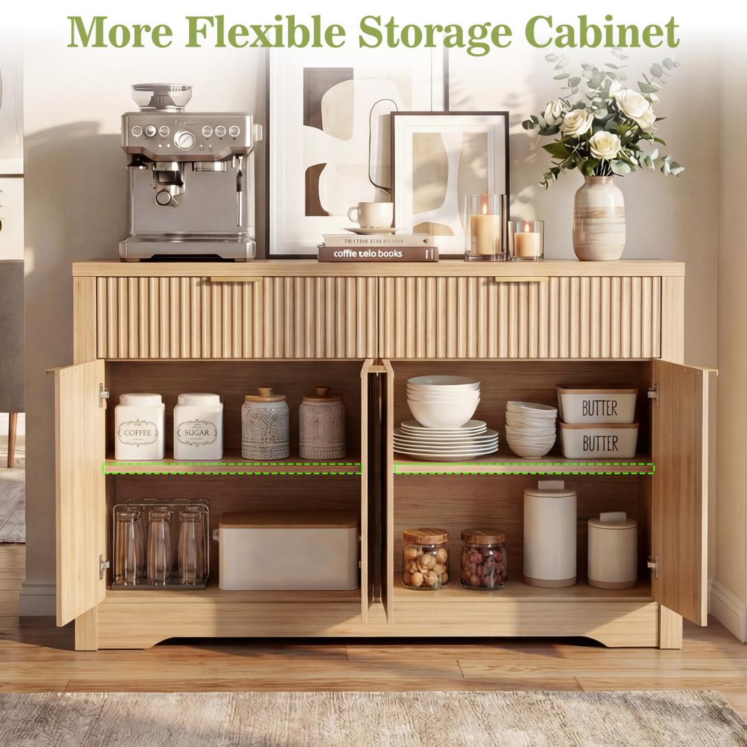 55" Fluted Buffet Cabinet, Modern Sideboard Credenza with Drawers, Adjustable Shelves & Coffee Bar Storage for Kitchen