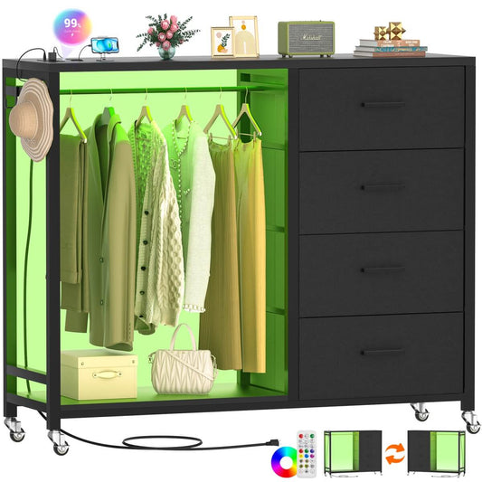 Dresser with Hanging Rack & 4 Drawers, Outlets and LED Lights