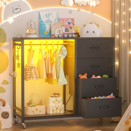 Dresser with Hanging Rack & 4 Drawers, Outlets and LED Lights