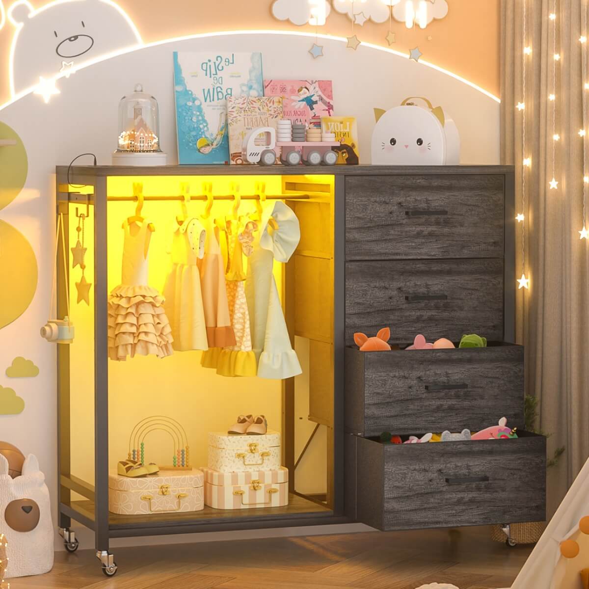 Dresser with Hanging Rack & 4 Drawers, Outlets and LED Lights