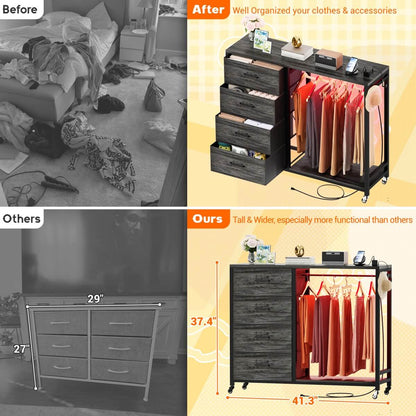 Dresser with Hanging Rack & 4 Drawers, Outlets and LED Lights