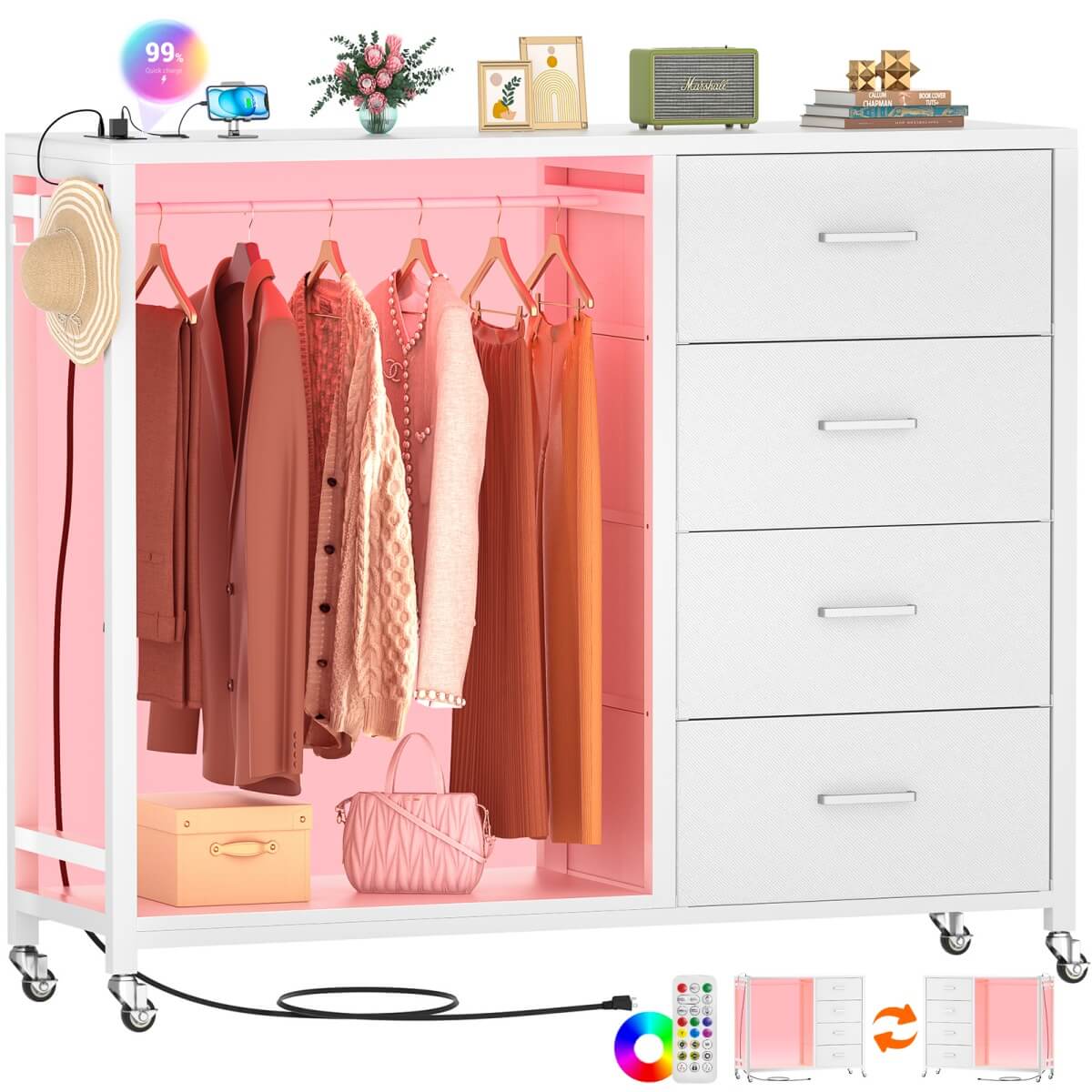 Dresser with Hanging Rack & 4 Drawers, Outlets and LED Lights