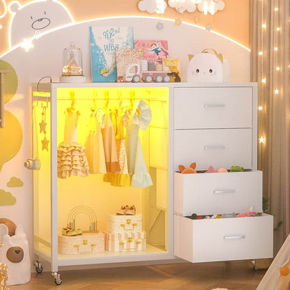 Dresser with Hanging Rack & 4 Drawers, Outlets and LED Lights