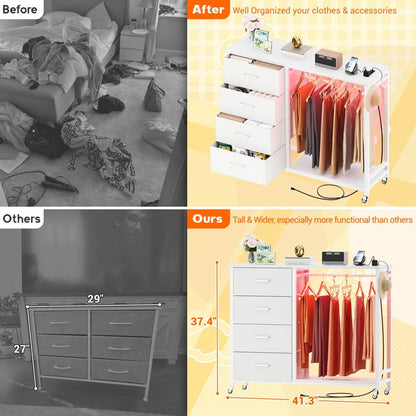 Dresser with Hanging Rack & 4 Drawers, Outlets and LED Lights