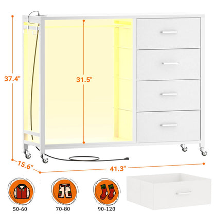 Dresser with Hanging Rack & 4 Drawers, Outlets and LED Lights