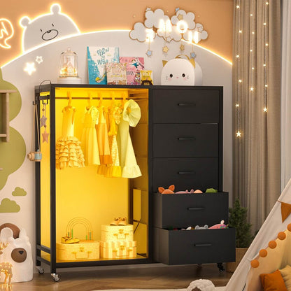 Dresser with Clothes Rack, 5 Drawers Dresser with Charging Station & LED Lights