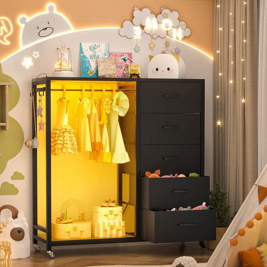 Dresser with Clothes Rack, 5 Drawers Dresser with Charging Station & LED Lights