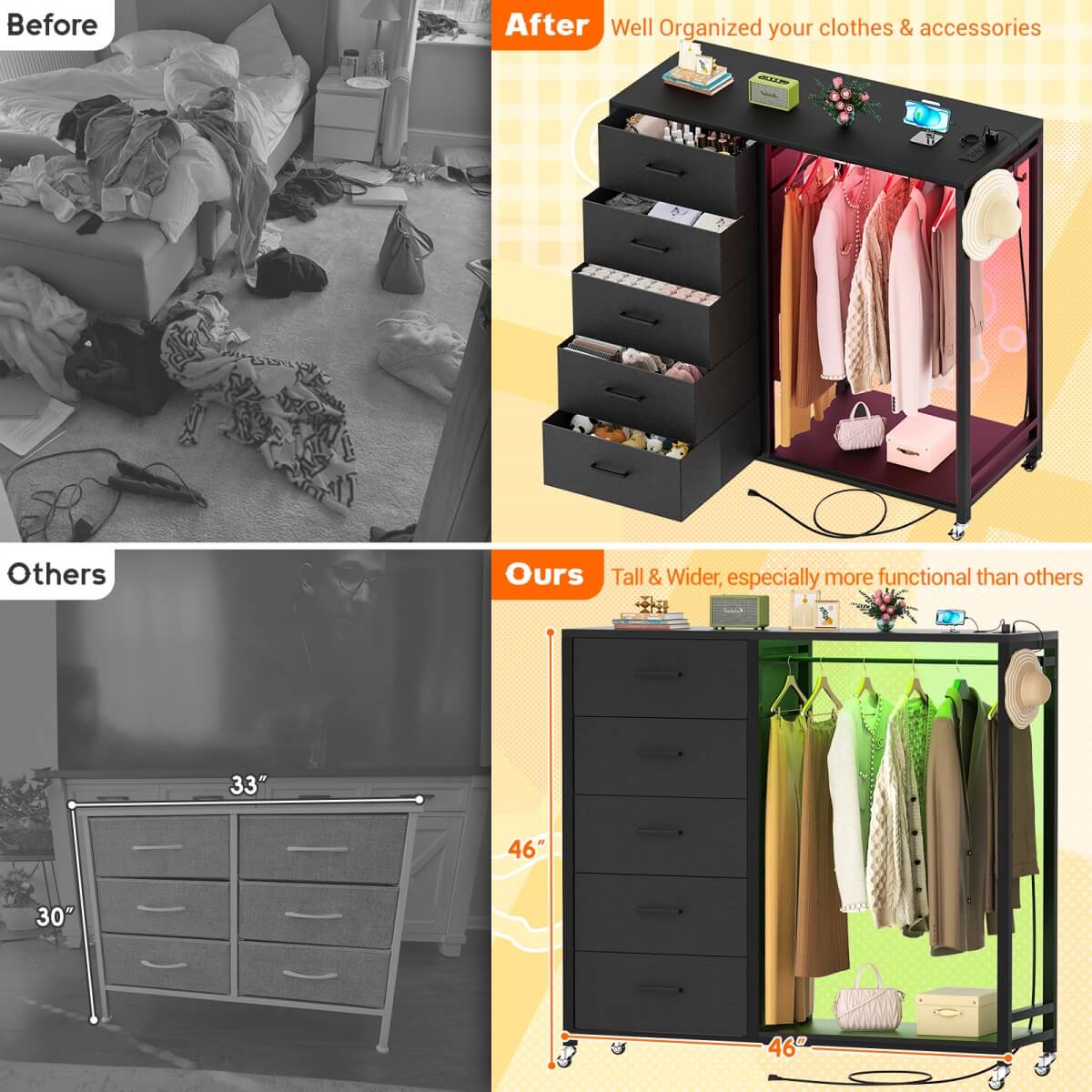 Dresser with Clothes Rack, 5 Drawers Dresser with Charging Station & LED Lights